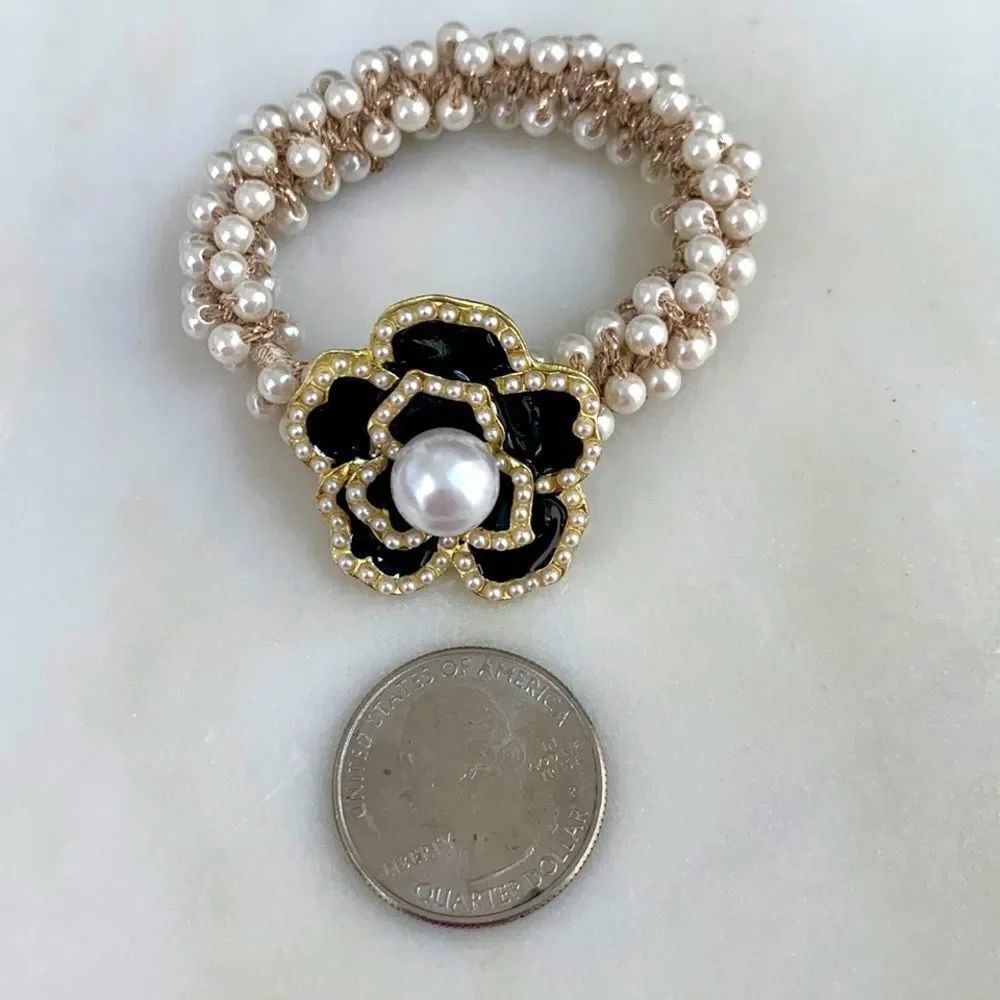 Camellia Flower Hair Tie with Faux Pearls – Black Enamel & Golden Charm - Picture 8 of 8